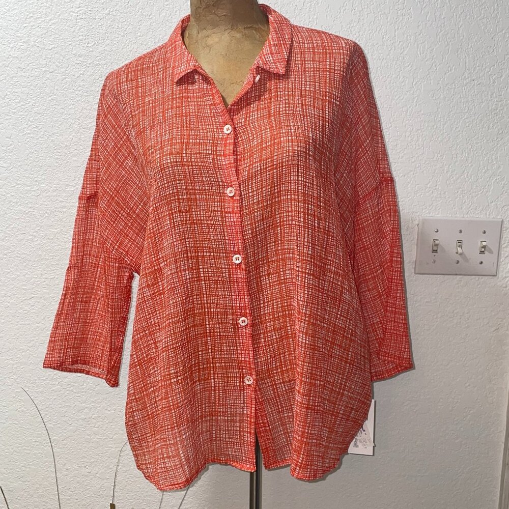 NWT $338 Orange & White Pt. Silk Crinkle Blouse WHYCI MILANO XL / 48 Italy